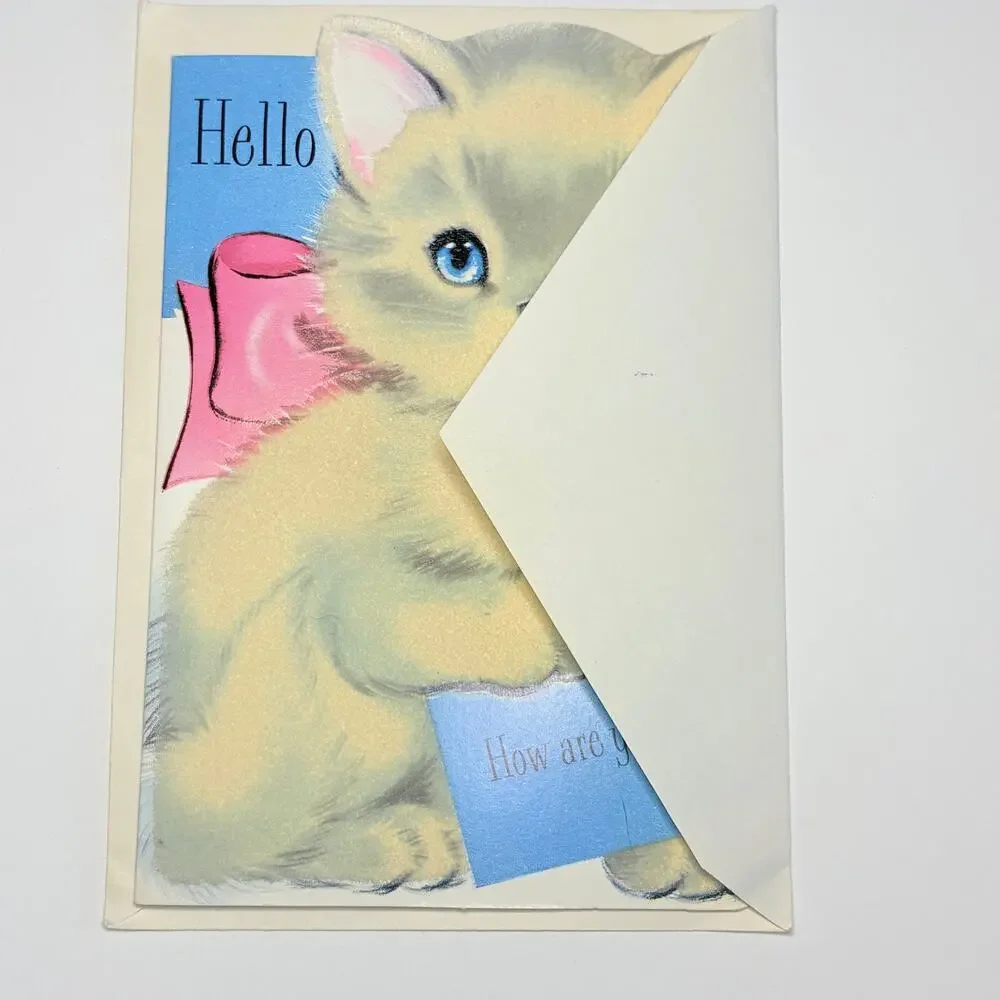 1970’s Norcross Flocked Greeting Card Cat Kitten How Are You? Snowball Unused